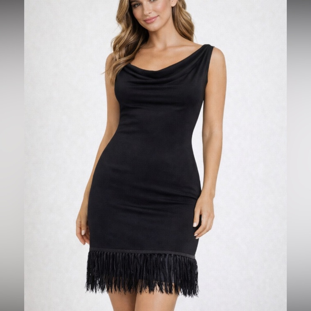 Koko + Mason Black Cowl Neck Fringe Hem Bodycon Mini Dress NWT Size M
